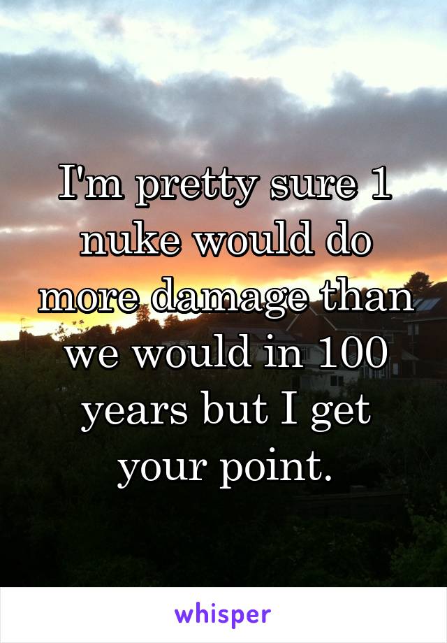 I'm pretty sure 1 nuke would do more damage than we would in 100 years but I get your point.