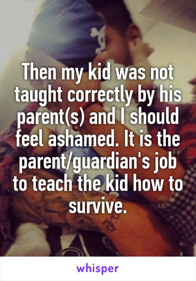 Then my kid was not taught correctly by his parent(s) and I should feel ashamed. It is the parent/guardian's job to teach the kid how to survive.