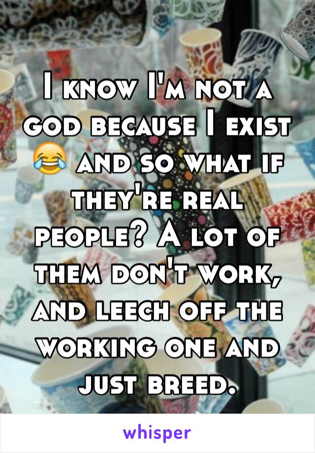 I know I'm not a god because I exist 😂 and so what if they're real people? A lot of them don't work, and leech off the working one and just breed. 