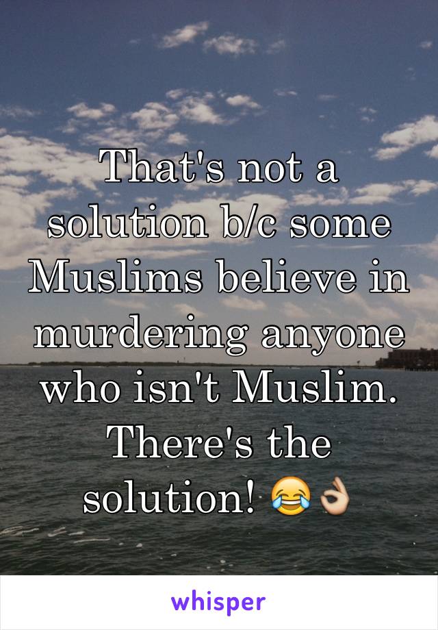 That's not a solution b/c some Muslims believe in murdering anyone who isn't Muslim. There's the solution! 😂👌