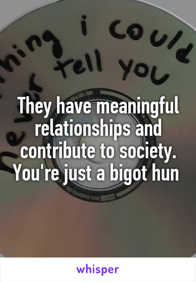 They have meaningful relationships and contribute to society. You're just a bigot hun 