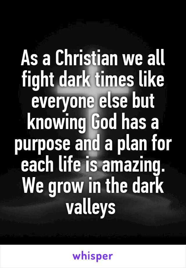 As a Christian we all fight dark times like everyone else but knowing God has a purpose and a plan for each life is amazing. We grow in the dark valleys 