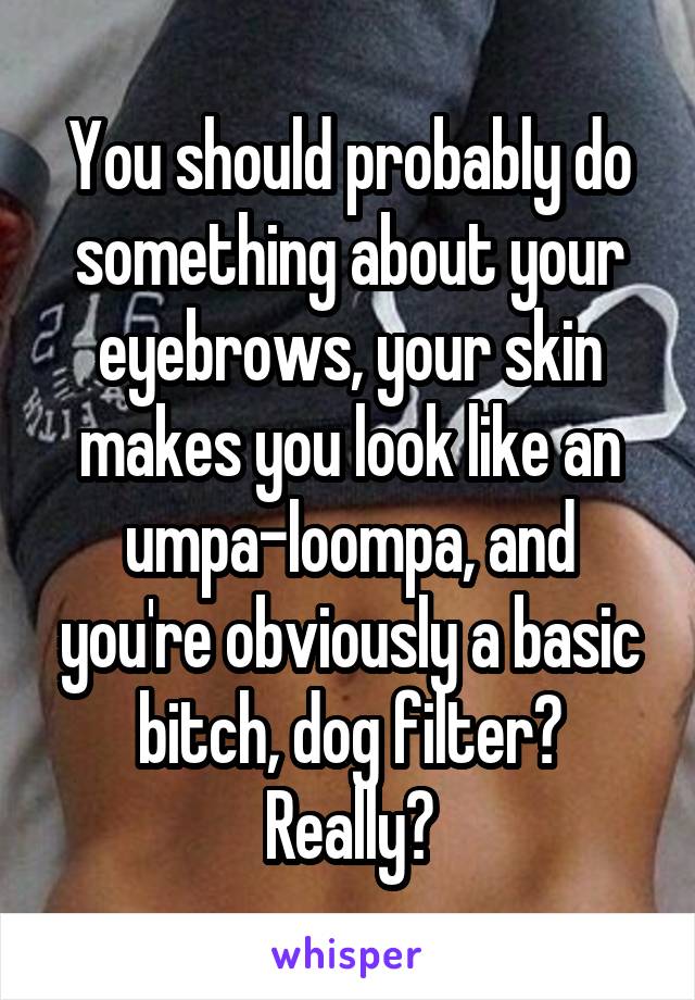 You should probably do something about your eyebrows, your skin makes you look like an umpa-loompa, and you're obviously a basic bitch, dog filter? Really?