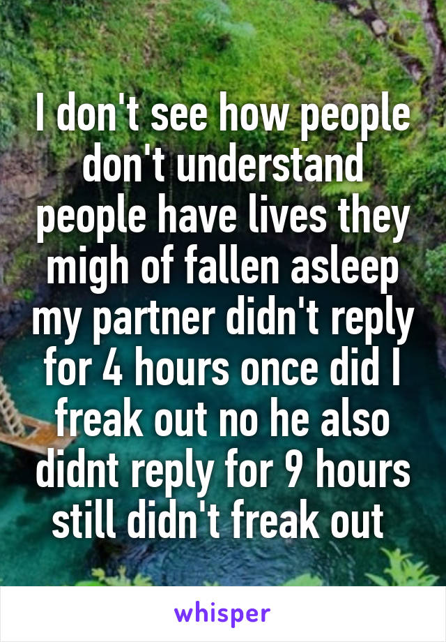 I don't see how people don't understand people have lives they migh of fallen asleep my partner didn't reply for 4 hours once did I freak out no he also didnt reply for 9 hours still didn't freak out 