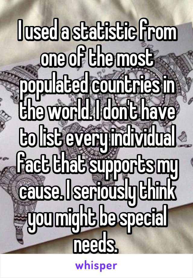 I used a statistic from one of the most populated countries in the world. I don't have to list every individual fact that supports my cause. I seriously think you might be special needs. 