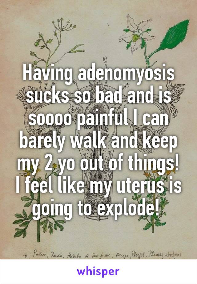 Having adenomyosis sucks so bad and is soooo painful I can barely walk and keep my 2 yo out of things! I feel like my uterus is going to explode! 