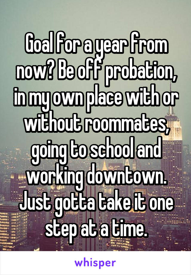 Goal for a year from now? Be off probation, in my own place with or without roommates, going to school and working downtown. Just gotta take it one step at a time.