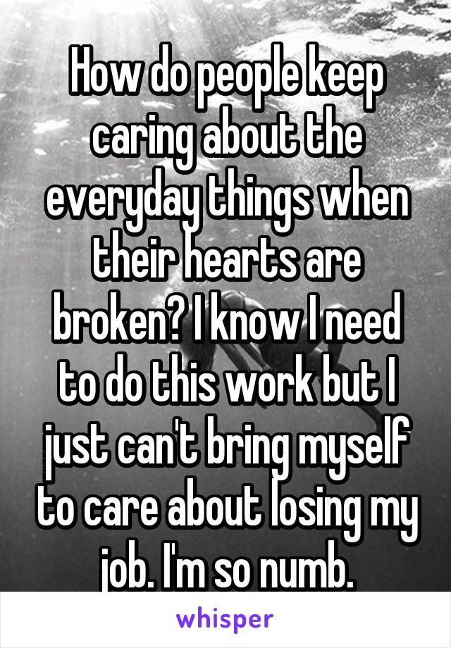 How do people keep caring about the everyday things when their hearts are broken? I know I need to do this work but I just can't bring myself to care about losing my job. I'm so numb.