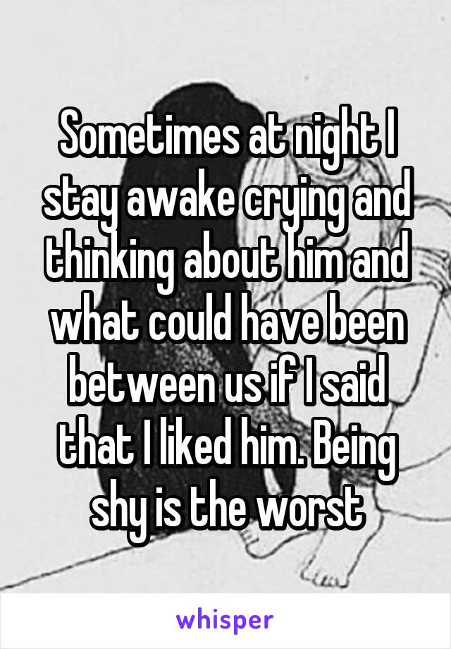 Sometimes at night I stay awake crying and thinking about him and what could have been between us if I said that I liked him. Being shy is the worst