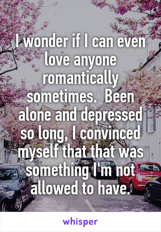 I wonder if I can even love anyone romantically sometimes.  Been alone and depressed so long, I convinced myself that that was something I'm not allowed to have.