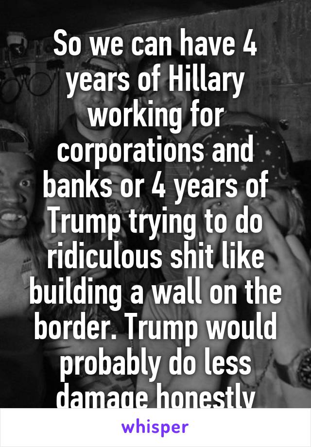 So we can have 4 years of Hillary working for corporations and banks or 4 years of Trump trying to do ridiculous shit like building a wall on the border. Trump would probably do less damage honestly