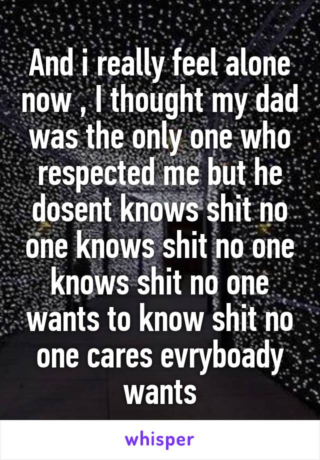 And i really feel alone now , I thought my dad was the only one who respected me but he dosent knows shit no one knows shit no one knows shit no one wants to know shit no one cares evryboady wants