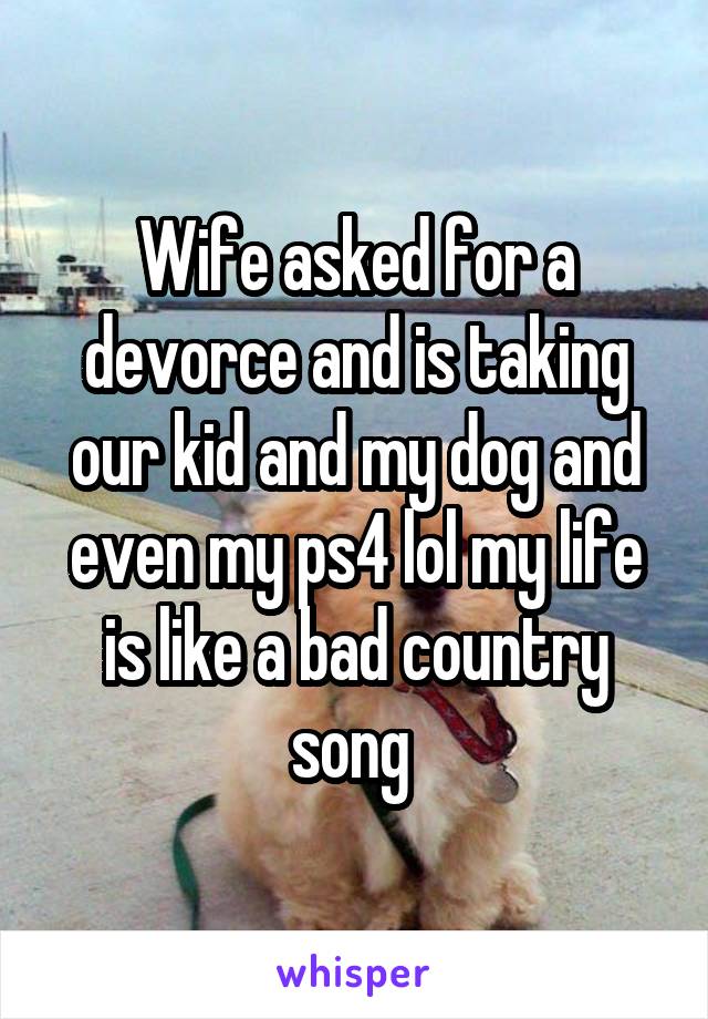 Wife asked for a devorce and is taking our kid and my dog and even my ps4 lol my life is like a bad country song 