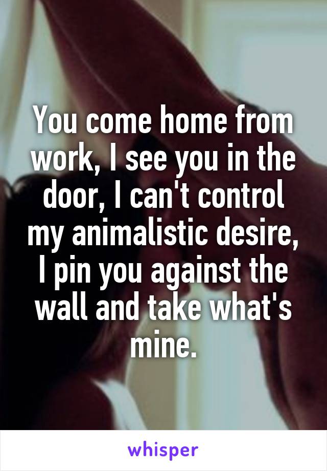 You come home from work, I see you in the door, I can't control my animalistic desire, I pin you against the wall and take what's mine.