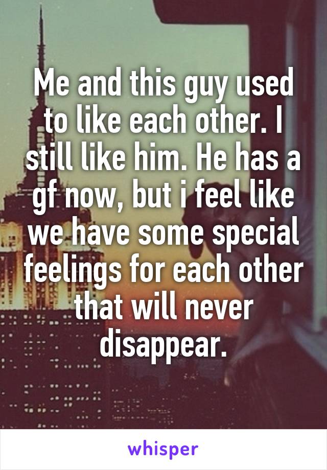 Me and this guy used to like each other. I still like him. He has a gf now, but i feel like we have some special feelings for each other that will never disappear.
