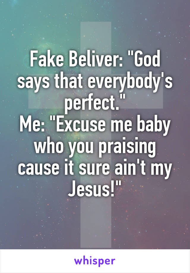 Fake Beliver: "God says that everybody's perfect."
Me: "Excuse me baby who you praising cause it sure ain't my Jesus!"
