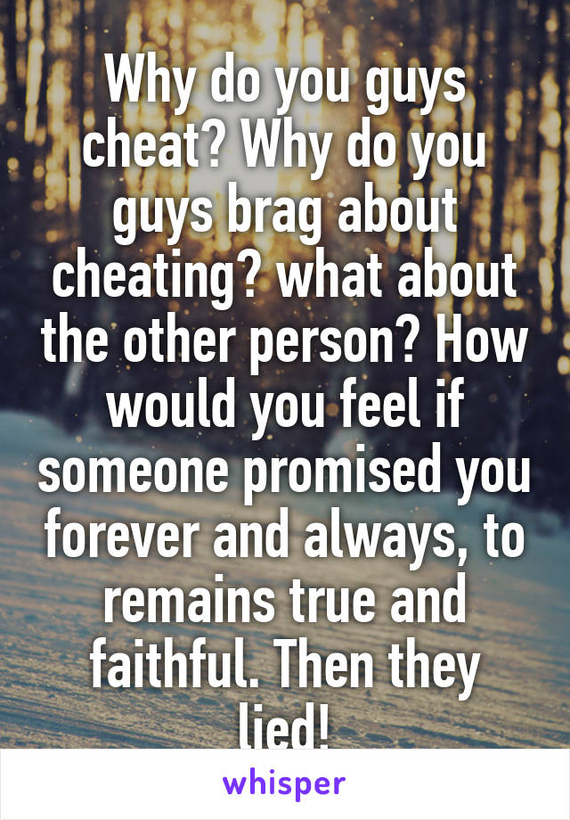 Why do you guys cheat? Why do you guys brag about cheating? what about the other person? How would you feel if someone promised you forever and always, to remains true and faithful. Then they lied!