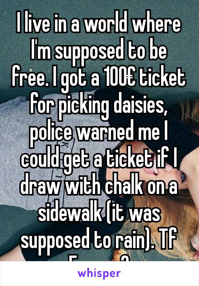 I live in a world where I'm supposed to be free. I got a 100€ ticket for picking daisies, police warned me I could get a ticket if I draw with chalk on a sidewalk (it was supposed to rain). Tf Europe?