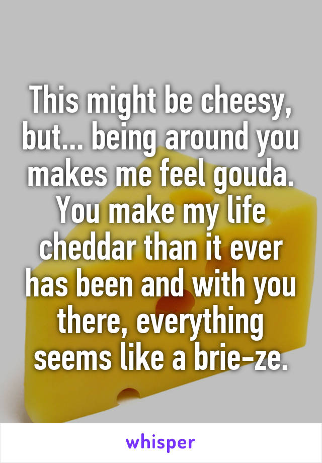 This might be cheesy, but... being around you makes me feel gouda. You make my life cheddar than it ever has been and with you there, everything seems like a brie-ze.