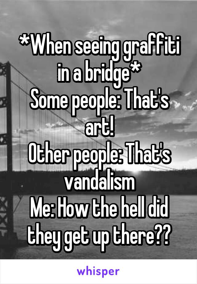 *When seeing graffiti in a bridge*
Some people: That's art!
Other people: That's vandalism
Me: How the hell did they get up there??