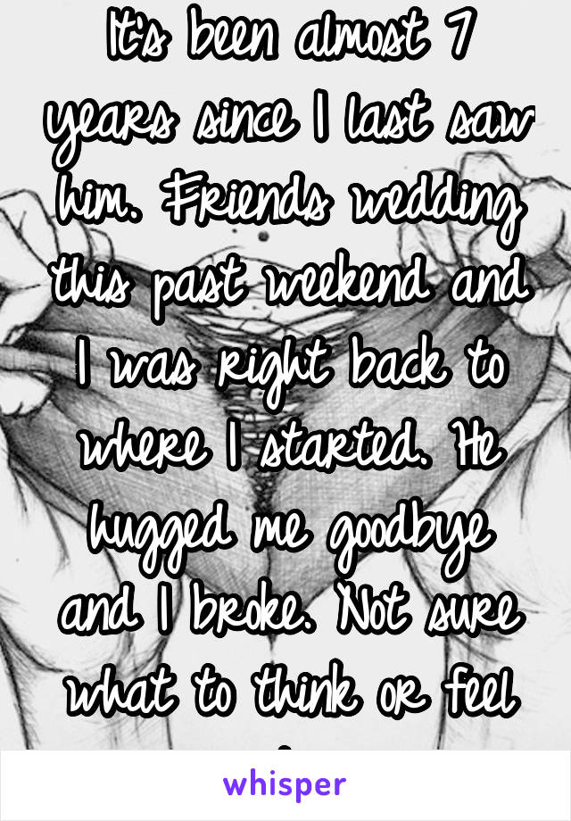 It's been almost 7 years since I last saw him. Friends wedding this past weekend and I was right back to where I started. He hugged me goodbye and I broke. Not sure what to think or feel atm.