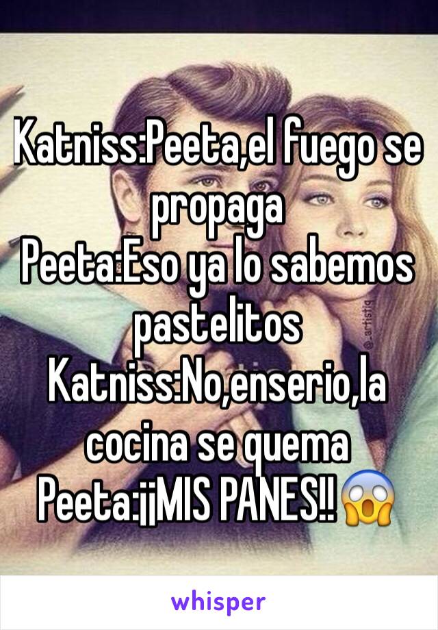 Katniss:Peeta,el fuego se propaga
Peeta:Eso ya lo sabemos pastelitos
Katniss:No,enserio,la cocina se quema
Peeta:¡¡MIS PANES!!😱