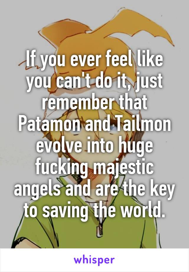 If you ever feel like you can't do it, just remember that Patamon and Tailmon evolve into huge fucking majestic angels and are the key to saving the world.