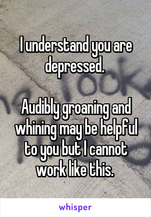 I understand you are depressed. 

Audibly groaning and whining may be helpful to you but I cannot work like this. 