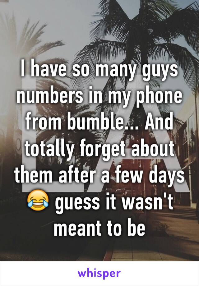 I have so many guys numbers in my phone from bumble... And totally forget about them after a few days 😂 guess it wasn't meant to be