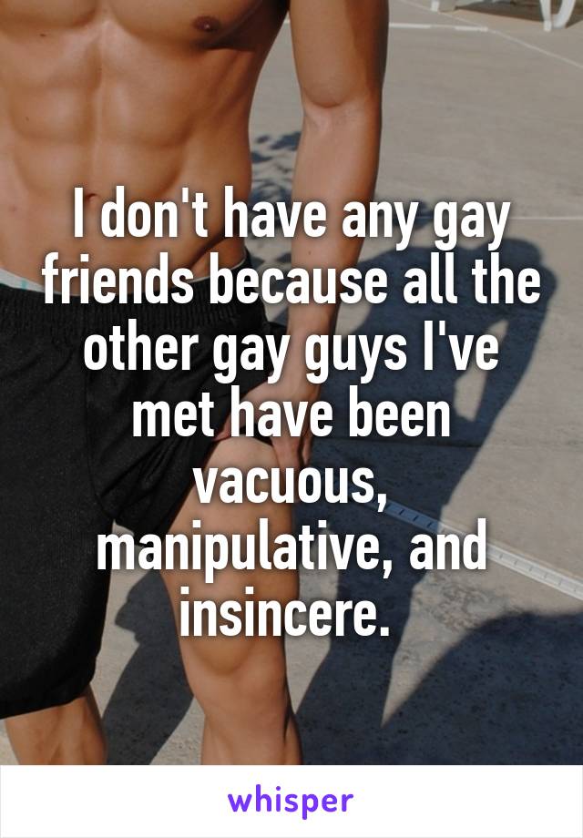 I don't have any gay friends because all the other gay guys I've met have been vacuous, manipulative, and insincere. 