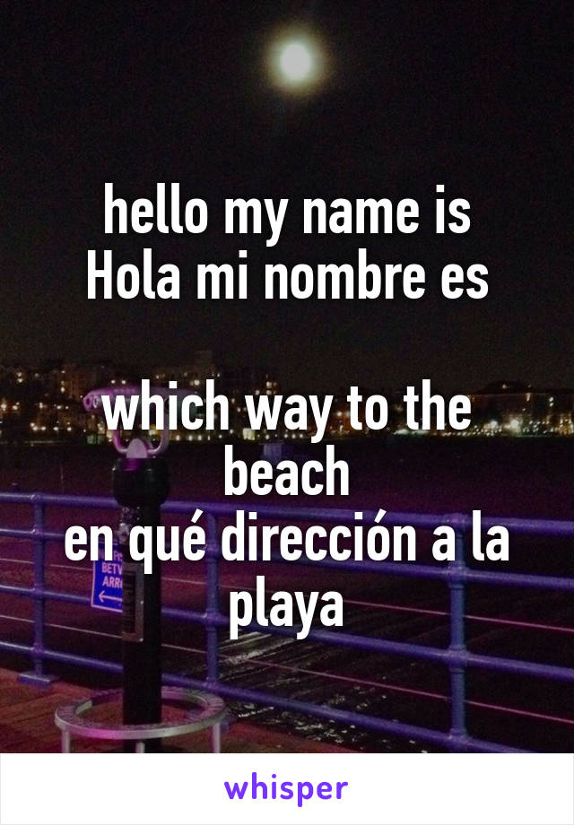 hello my name is
Hola mi nombre es

which way to the beach
en qué dirección a la playa