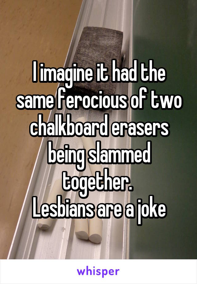 I imagine it had the same ferocious of two chalkboard erasers being slammed together. 
Lesbians are a joke