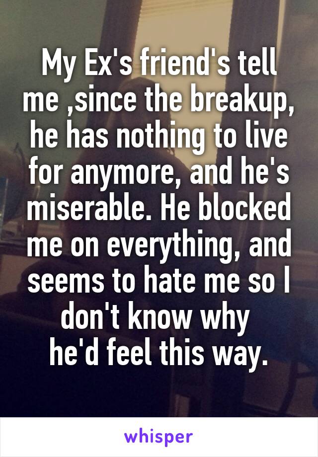 My Ex's friend's tell me ,since the breakup, he has nothing to live for anymore, and he's miserable. He blocked me on everything, and seems to hate me so I don't know why 
he'd feel this way.
