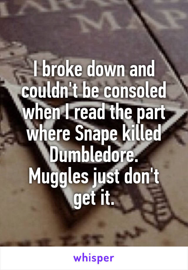 I broke down and couldn't be consoled when I read the part where Snape killed Dumbledore.
Muggles just don't get it.