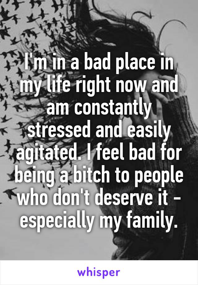 I'm in a bad place in my life right now and am constantly stressed and easily agitated. I feel bad for being a bitch to people who don't deserve it - especially my family.