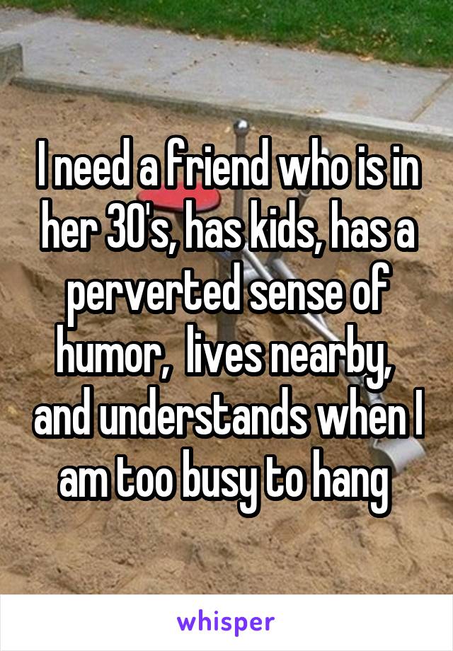 I need a friend who is in her 30's, has kids, has a perverted sense of humor,  lives nearby,  and understands when I am too busy to hang 