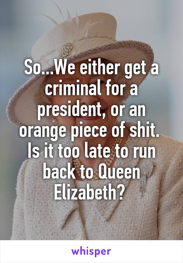 So...We either get a criminal for a president, or an orange piece of shit. 
Is it too late to run back to Queen Elizabeth? 