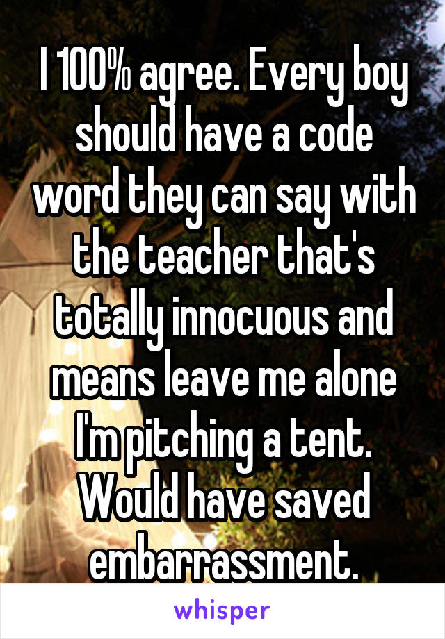 I 100% agree. Every boy should have a code word they can say with the teacher that's totally innocuous and means leave me alone I'm pitching a tent. Would have saved embarrassment.