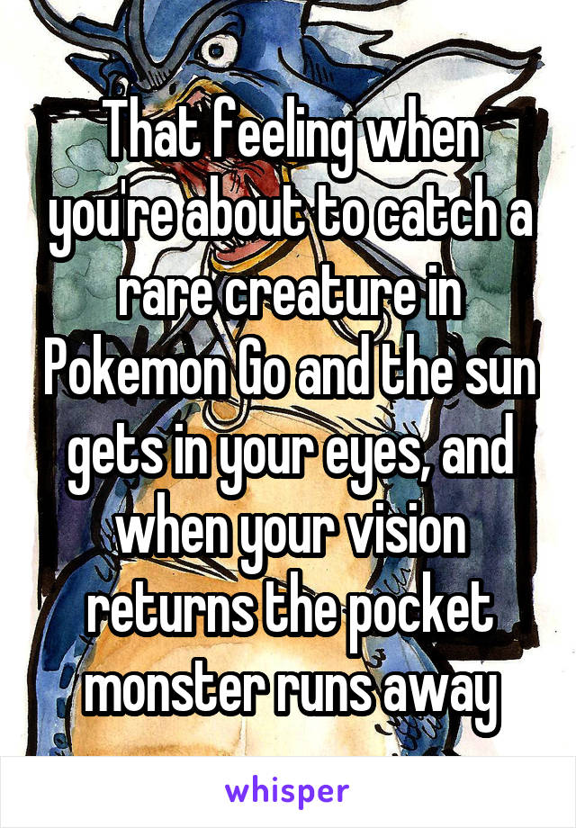 That feeling when you're about to catch a rare creature in Pokemon Go and the sun gets in your eyes, and when your vision returns the pocket monster runs away