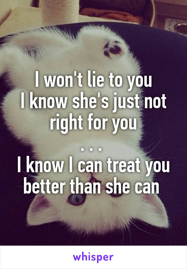 I won't lie to you
I know she's just not right for you
. . . 
I know I can treat you better than she can 