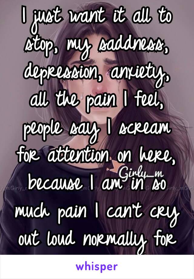 I just want it all to stop, my saddness, depression, anxiety, all the pain I feel, people say I scream for attention on here, because I am in so much pain I can't cry out loud normally for help, plz.❤