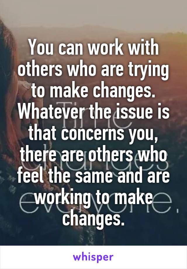 You can work with others who are trying to make changes.
Whatever the issue is that concerns you, there are others who feel the same and are working to make changes.