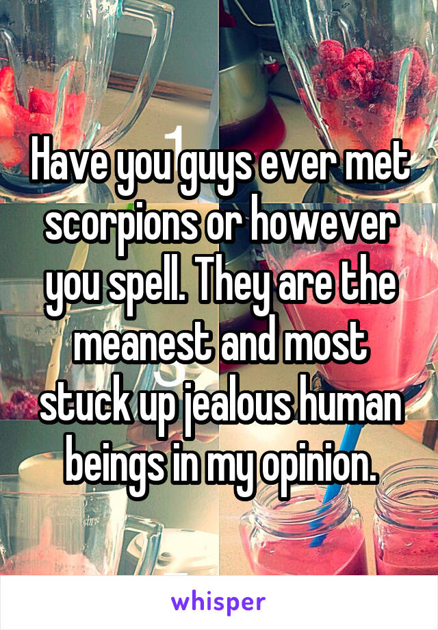 Have you guys ever met scorpions or however you spell. They are the meanest and most stuck up jealous human beings in my opinion.