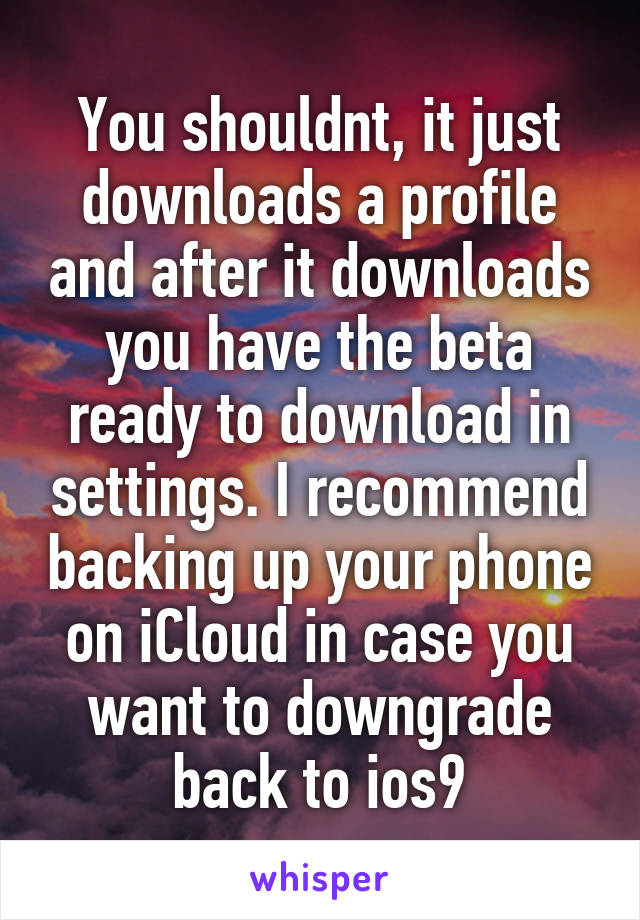 You shouldnt, it just downloads a profile and after it downloads you have the beta ready to download in settings. I recommend backing up your phone on iCloud in case you want to downgrade back to ios9