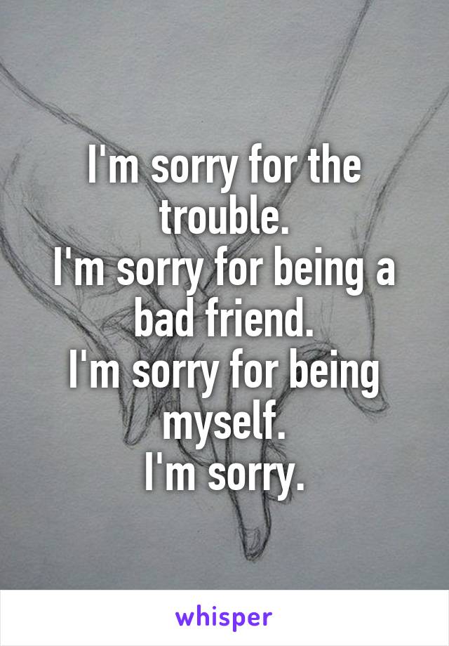 I'm sorry for the trouble.
I'm sorry for being a bad friend.
I'm sorry for being myself.
I'm sorry.