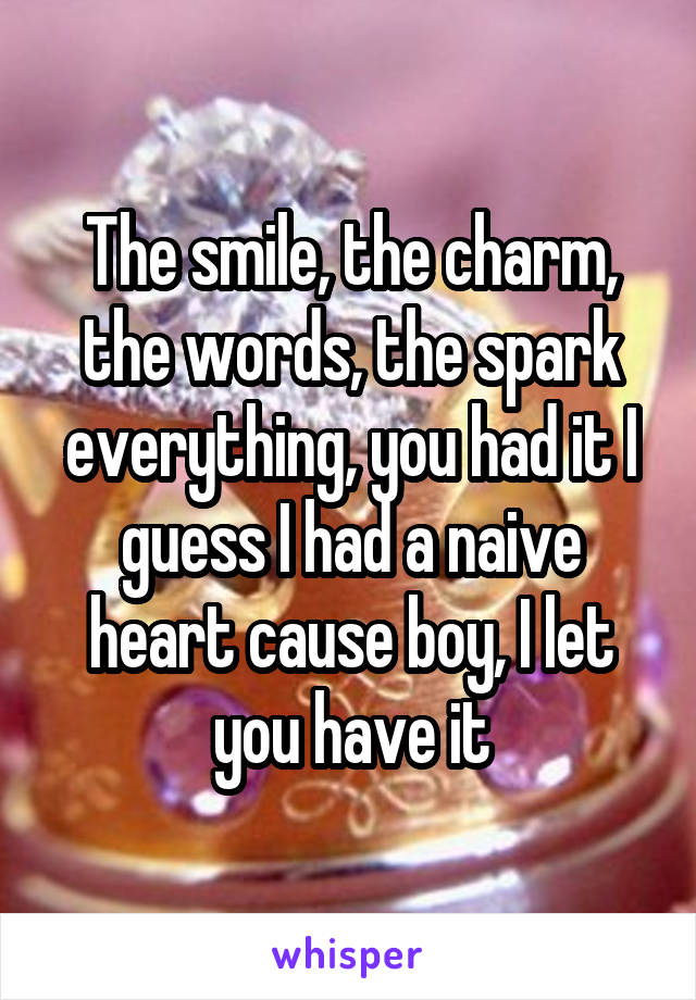 The smile, the charm, the words, the spark everything, you had it I guess I had a naive heart cause boy, I let you have it