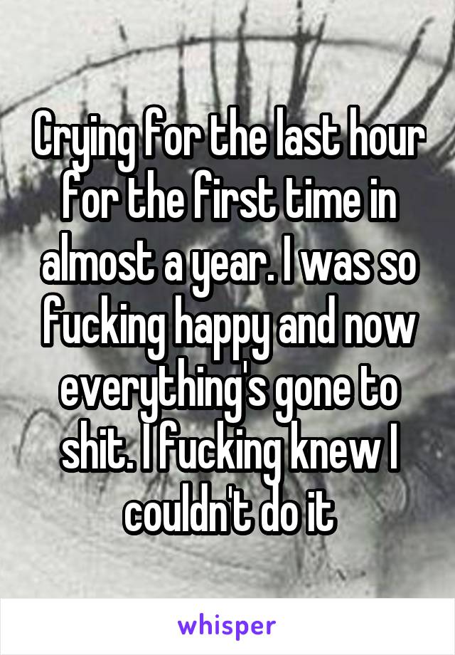 Crying for the last hour for the first time in almost a year. I was so fucking happy and now everything's gone to shit. I fucking knew I couldn't do it