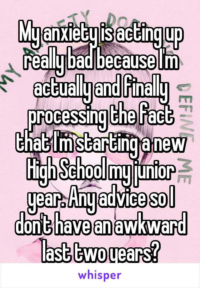 My anxiety is acting up really bad because I'm actually and finally processing the fact that I'm starting a new High School my junior year. Any advice so I don't have an awkward last two years?