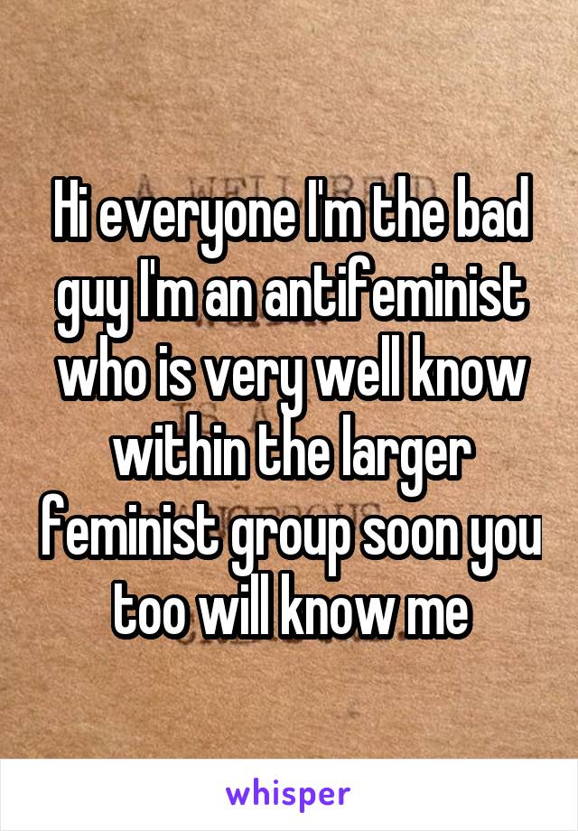 Hi everyone I'm the bad guy I'm an antifeminist who is very well know within the larger feminist group soon you too will know me