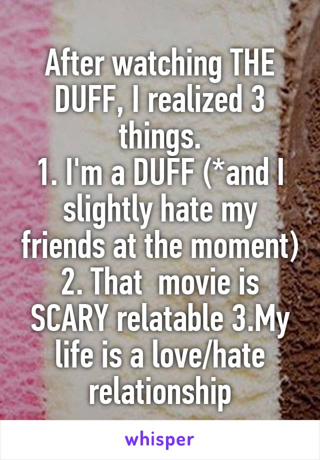 After watching THE DUFF, I realized 3 things.
1. I'm a DUFF (*and I slightly hate my friends at the moment) 2. That  movie is SCARY relatable 3.My life is a love/hate relationship